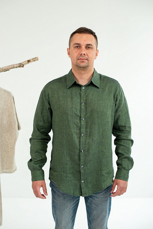 Рубашка льняная мужская зеленая