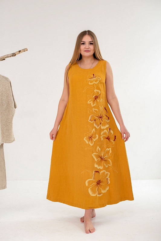 Платье - сарафан льняной горчица" Цветок"