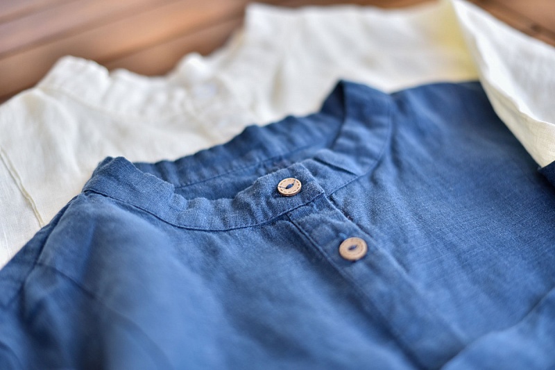 Блуза льняная синяя " Стойка"
