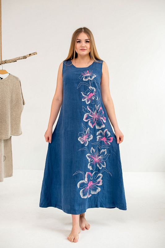 Платье - сарафан льняной синий" Цветок"