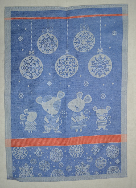 Полотенце новогоднее льняное " Мышки"( синее)